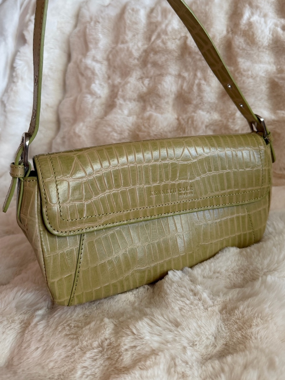 Kenneth Cole Olive Green Croc-Embossed Genuine Leather Shoulder Bag
